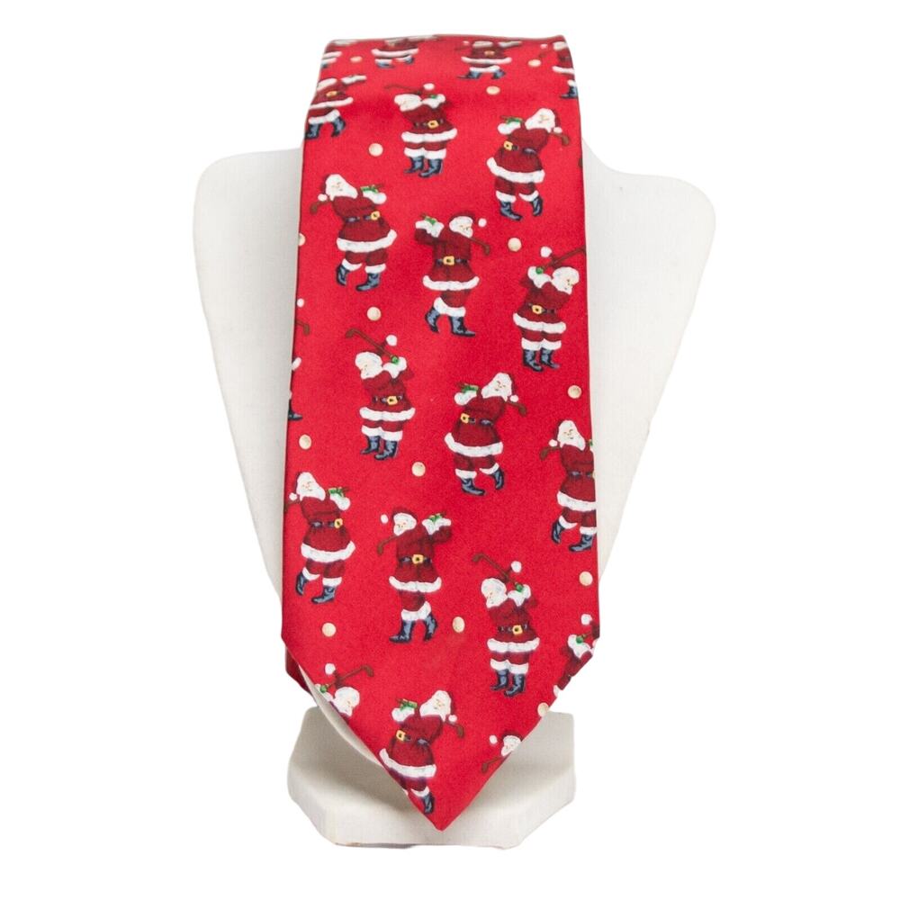 JOHN HENRY Men's Silk Necktie Tie Golfing Santa Claus Christmas Holiday Vintage